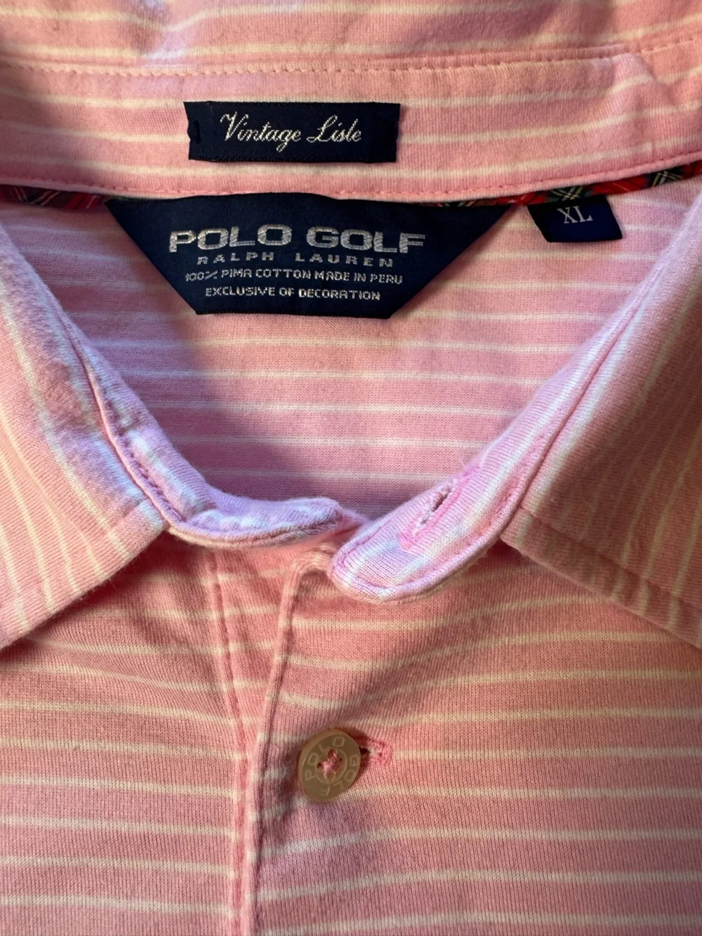 Polo Golf Ralph Lauren Light Pink & White Striped 100% Cotton Polo Shirt XLarge